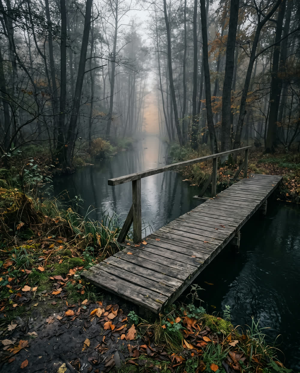 Morgennebel über einem Fließ im Spreewald.